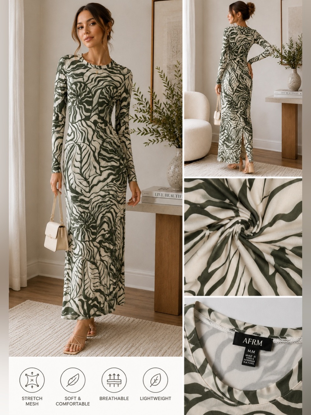 NWT AFRM Tonal Shell Floral Mesh Long Sleeve Maxi Dress Green Cream M - Picture 4 of 8